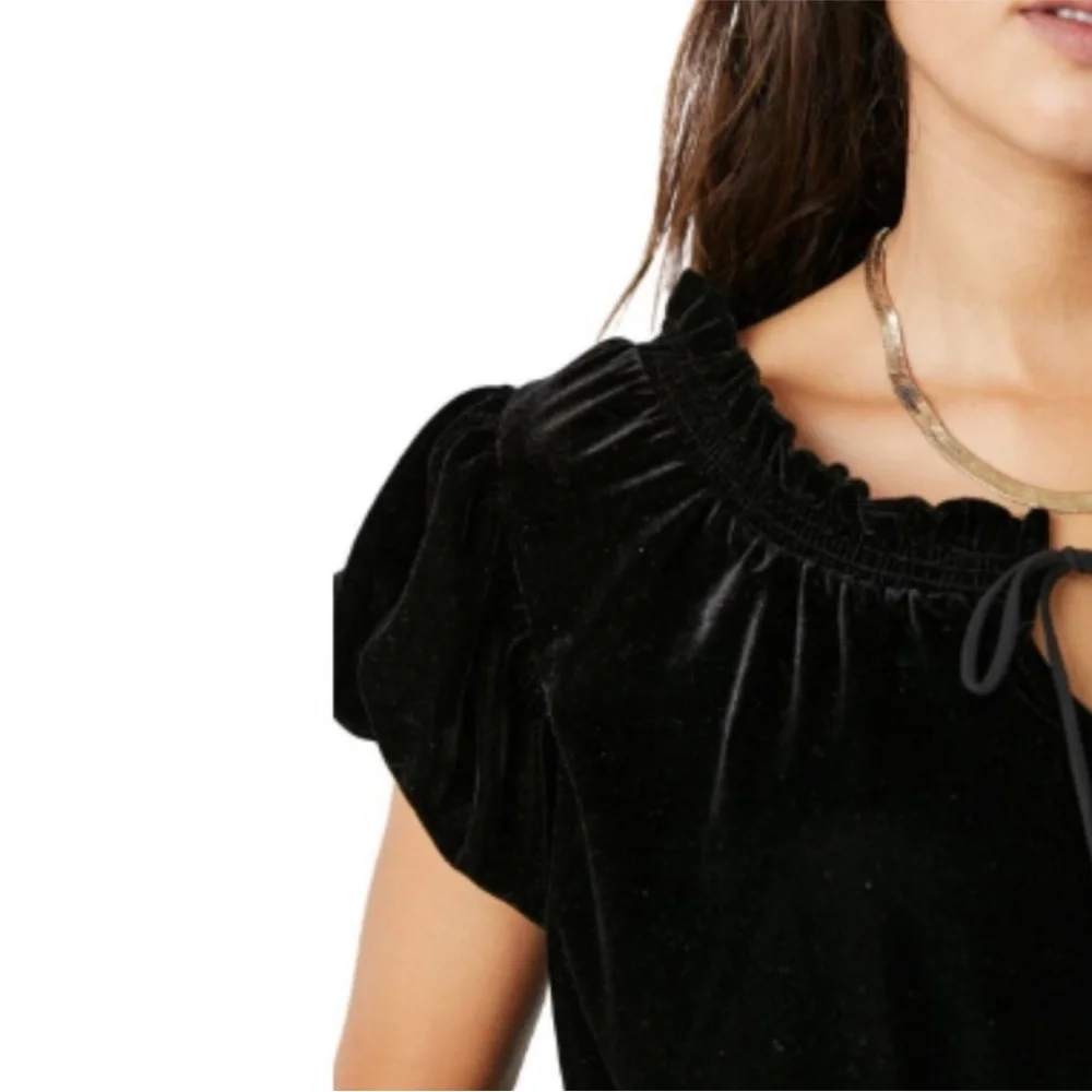 Free People Terese Velvet Ruffled Keyhole Tie Neck Short Puffed Sleeve T… - Picture 2 of 13